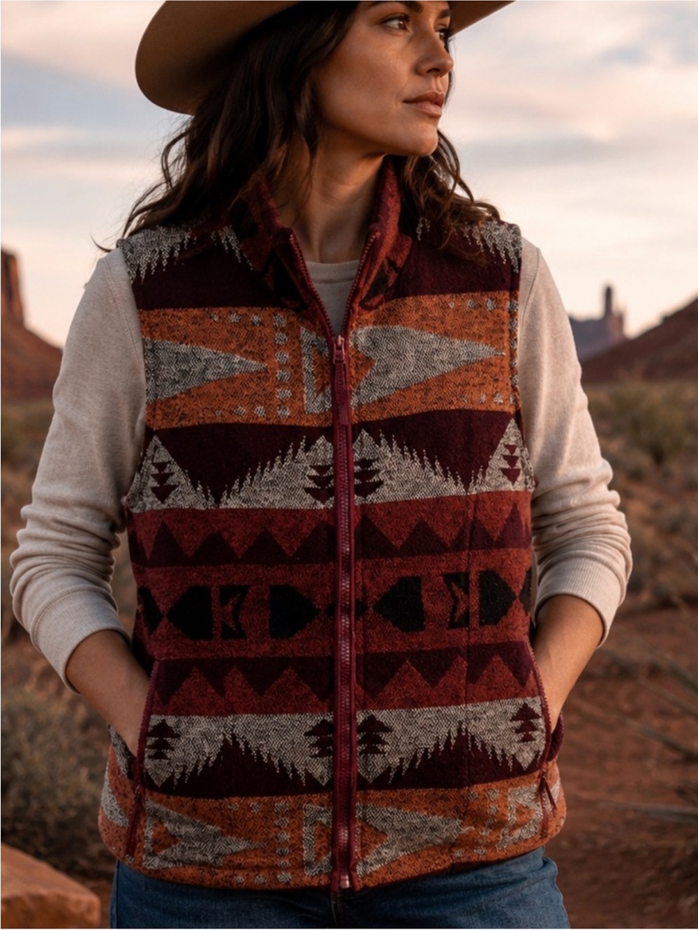 🤠 COWGIRL LEGEND | Woven Patterned Zip-Up Vest in Burgundy and Rust | size M